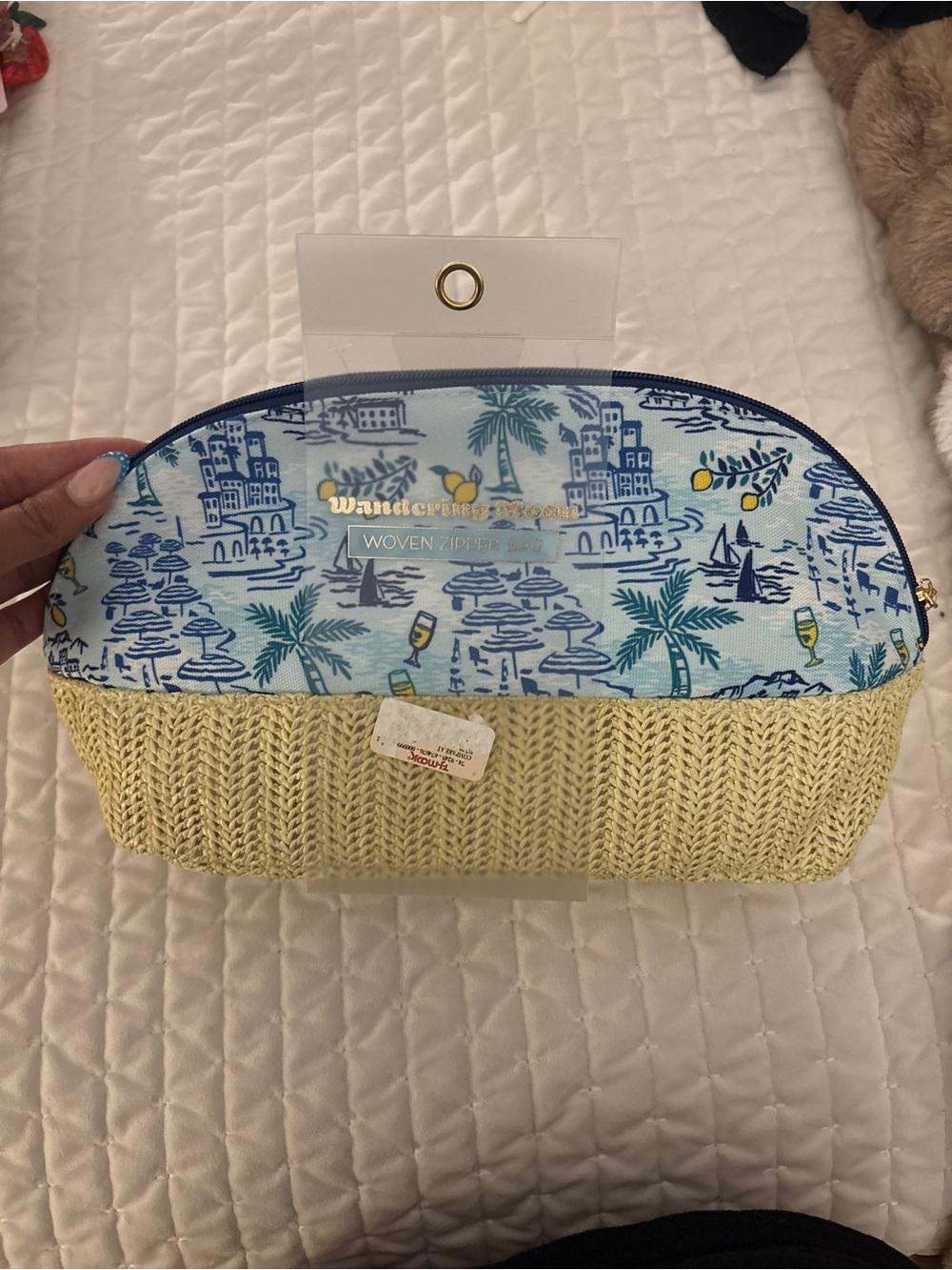 Woven Zip Pouch - Blue & Natural Straw